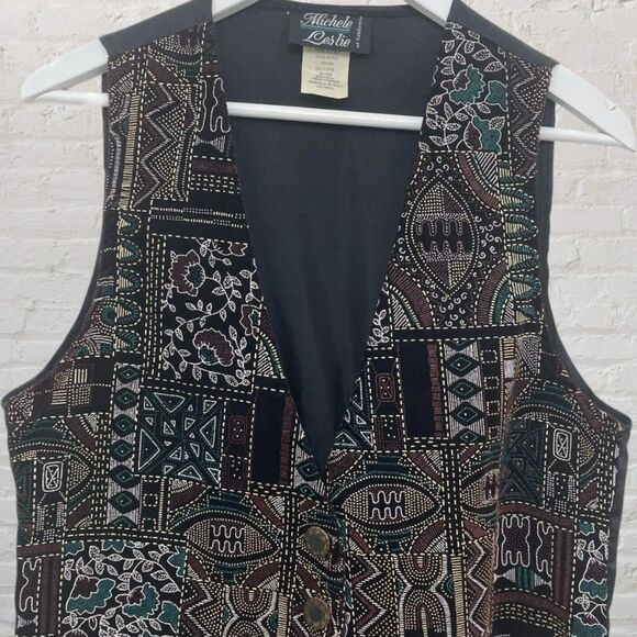 Michele Leslie 80s Vintage Velvet Vest M Metallic Tribal Boho - Picture 4 of 14